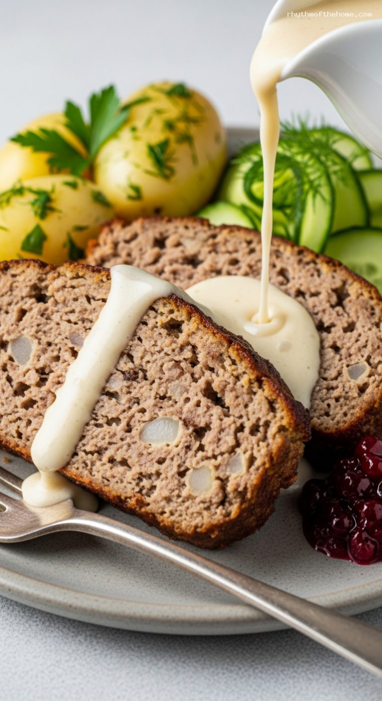 Swedish Meatloaf with Cream Gravy and Lingonberries – Closeup