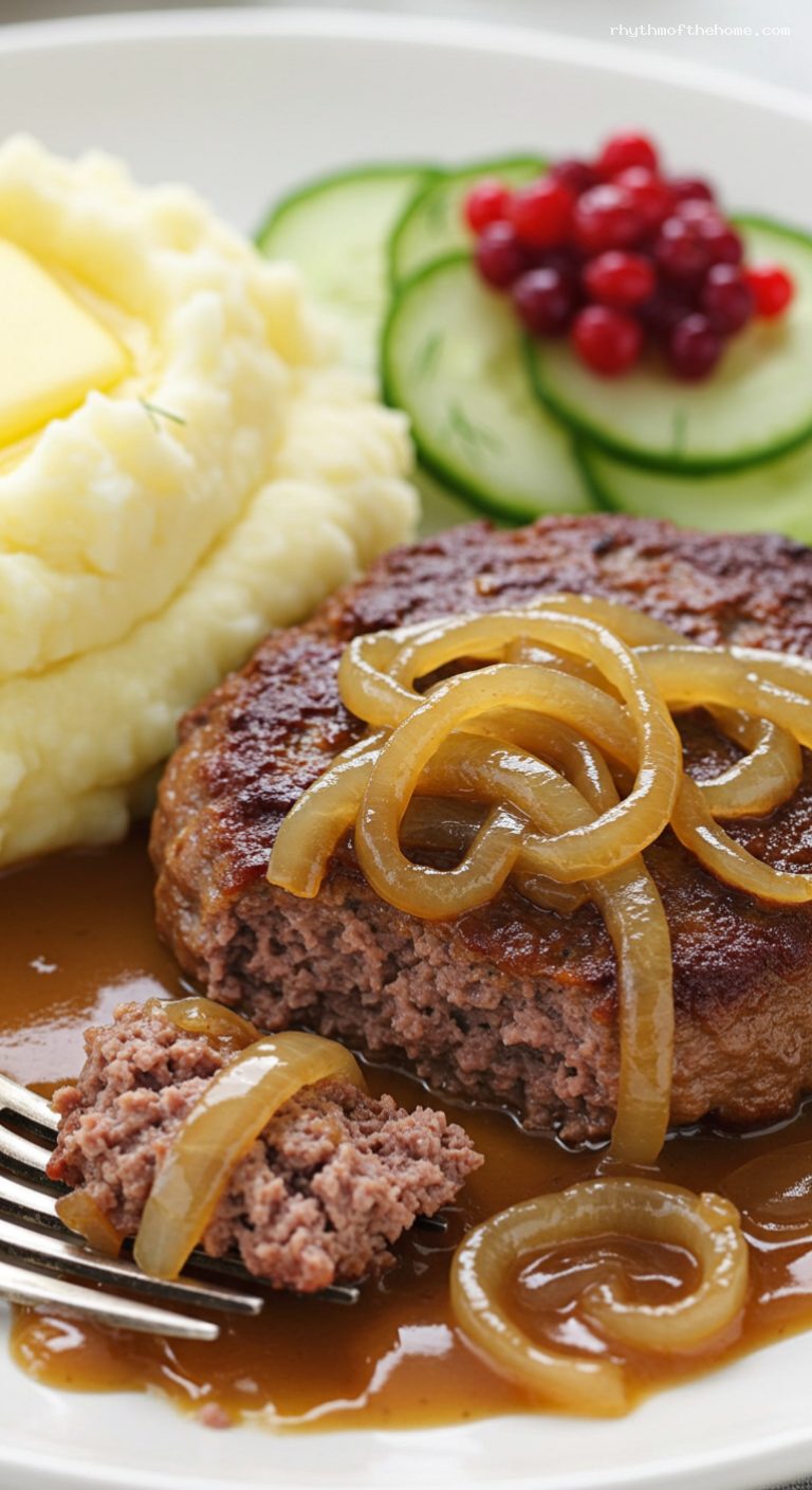 Swedish Pannbiff with Onion Gravy and Potatoes – Closeup
