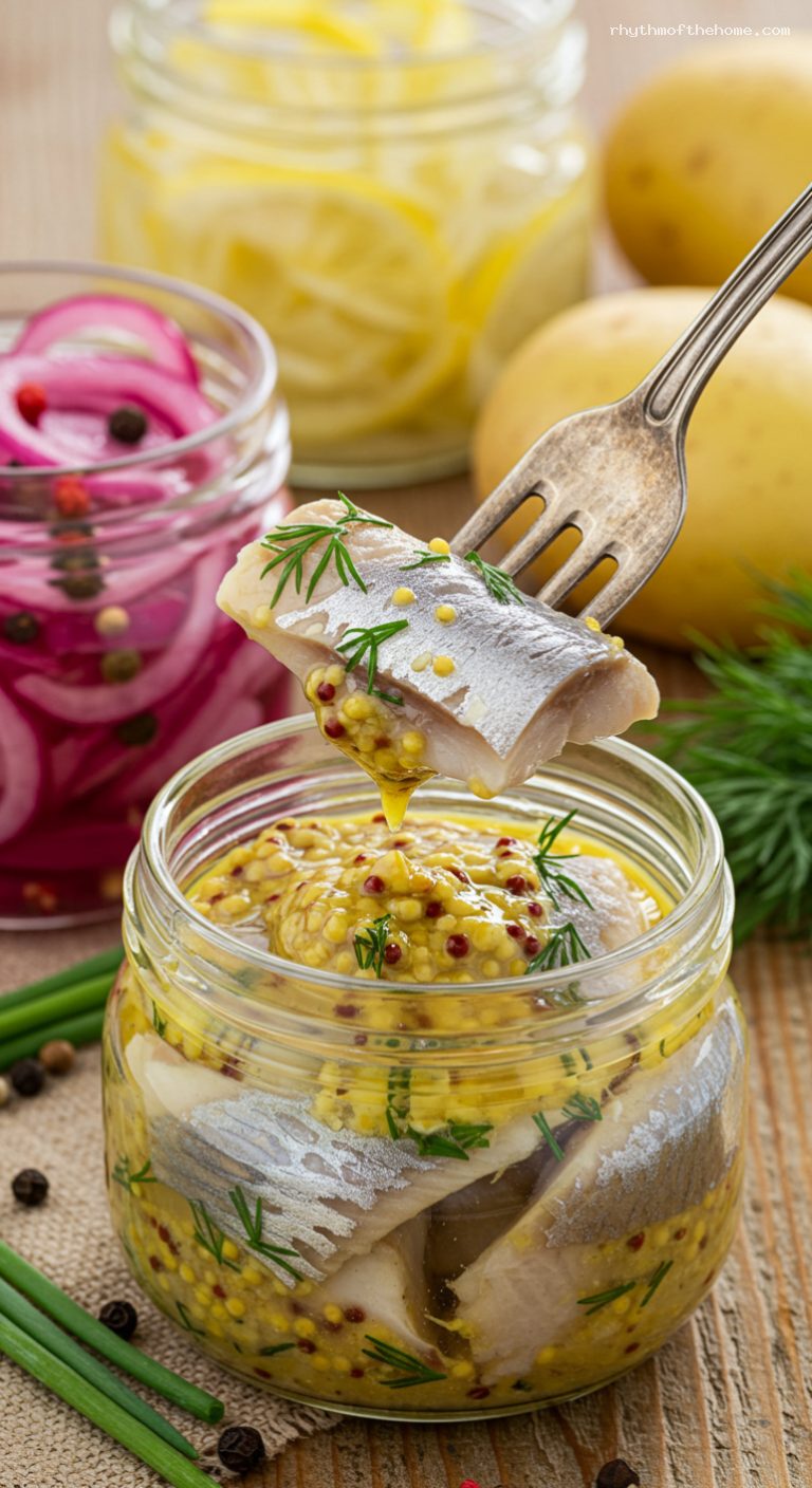 Swedish Pickled Herring Trio with New Potatoes – Closeup
