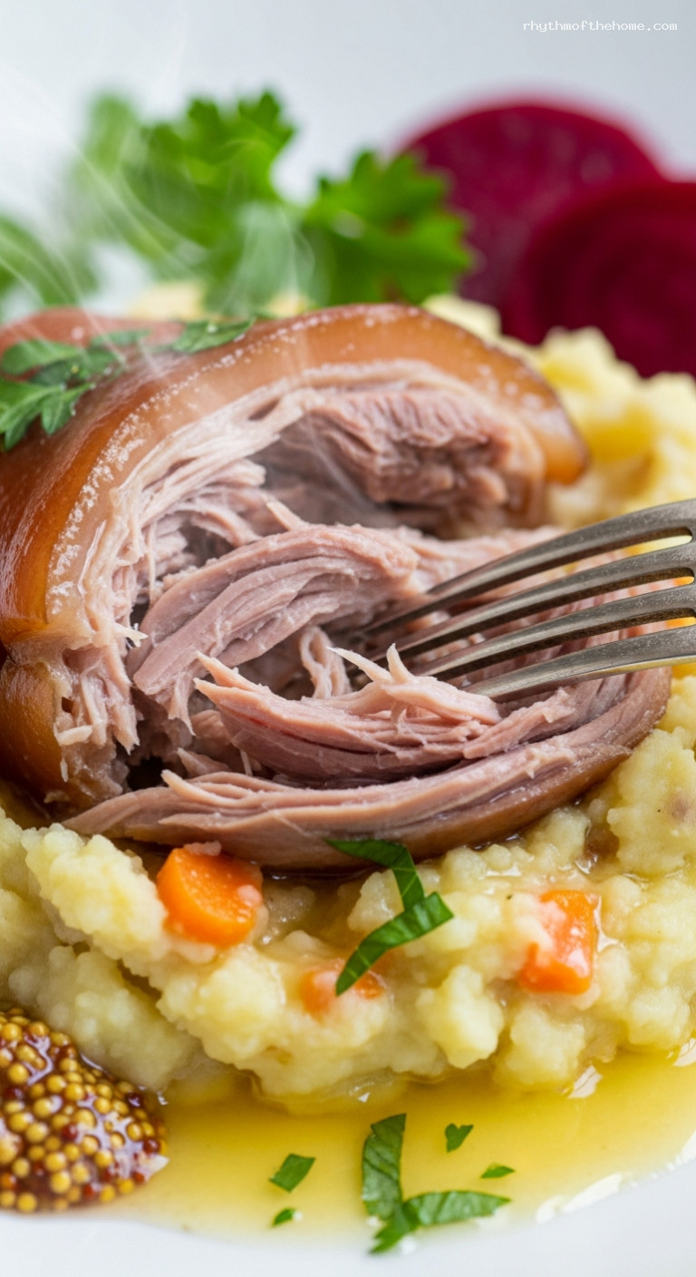Swedish Pork Hock with Root Mash and Mustard – Closeup