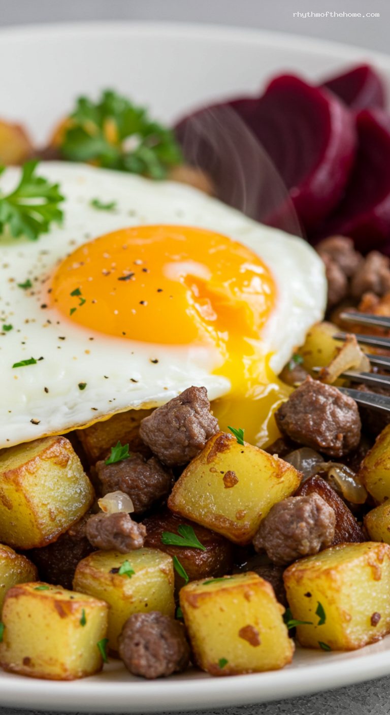 Swedish Pytt i Panna with Fried Egg and Pickled Beets – Closeup