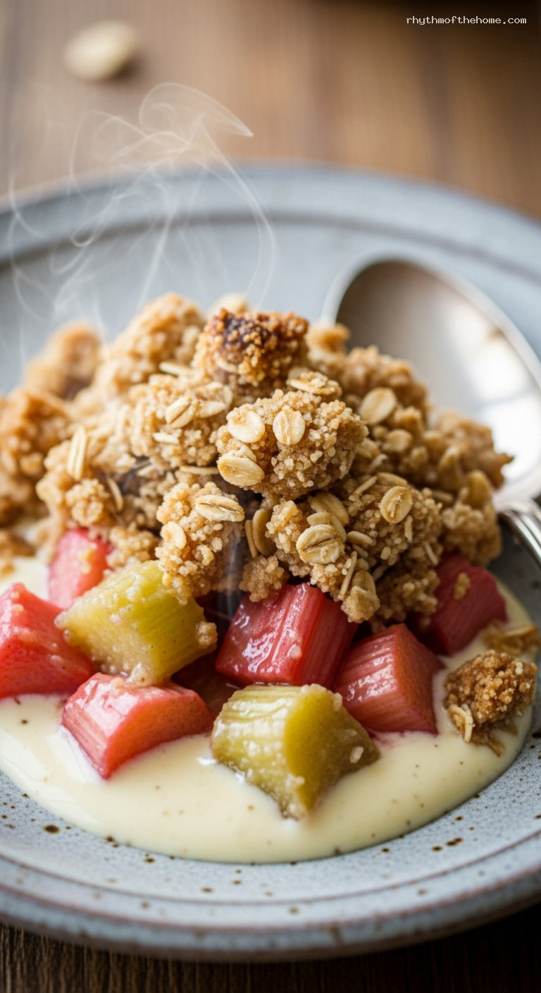 Swedish Rhubarb Crumble with Vanilla Sauce – Closeup