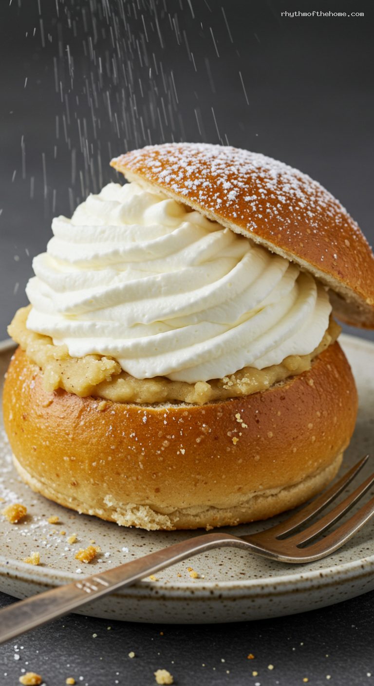 Swedish Semlor Cardamom Buns with Almond Cream – Closeup