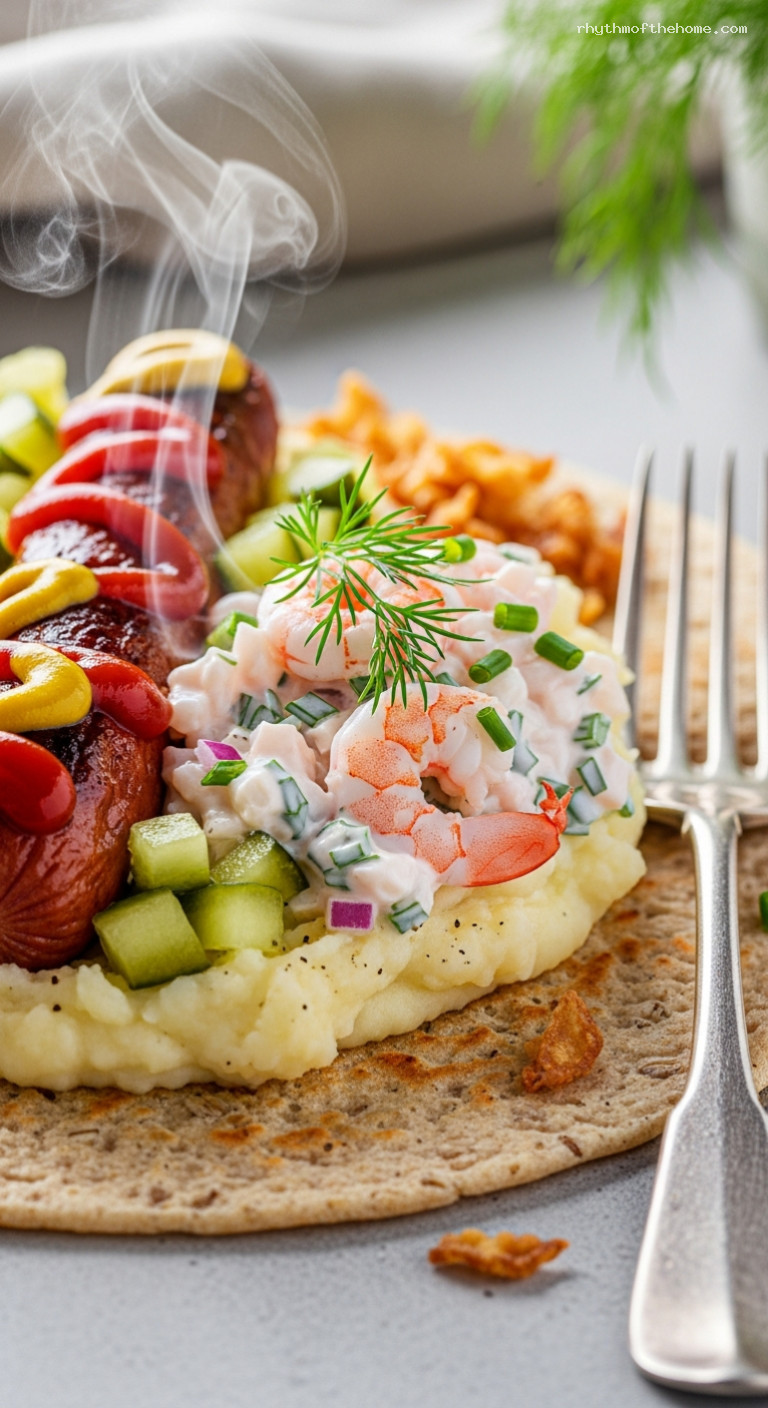 Swedish Tunnbrödsrulle with Hot Dog and Räksallad – Closeup