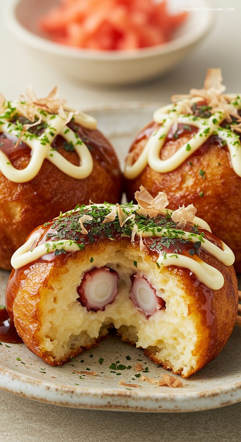 Takoyaki with Pickled Ginger and Tenkasu – Closeup
