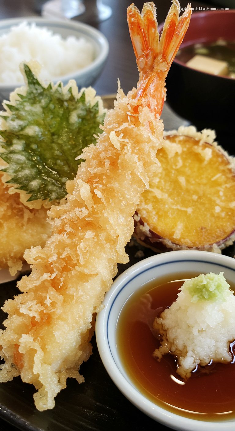 Tempura Teishoku with Shrimp and Seasonal Vegetables – Closeup