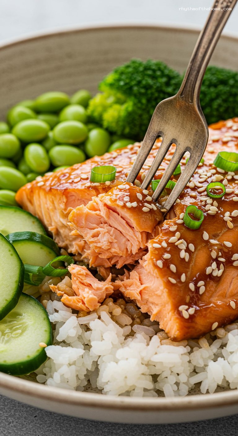 Teriyaki Salmon Rice Bowls with Broccoli and Edamame – Closeup
