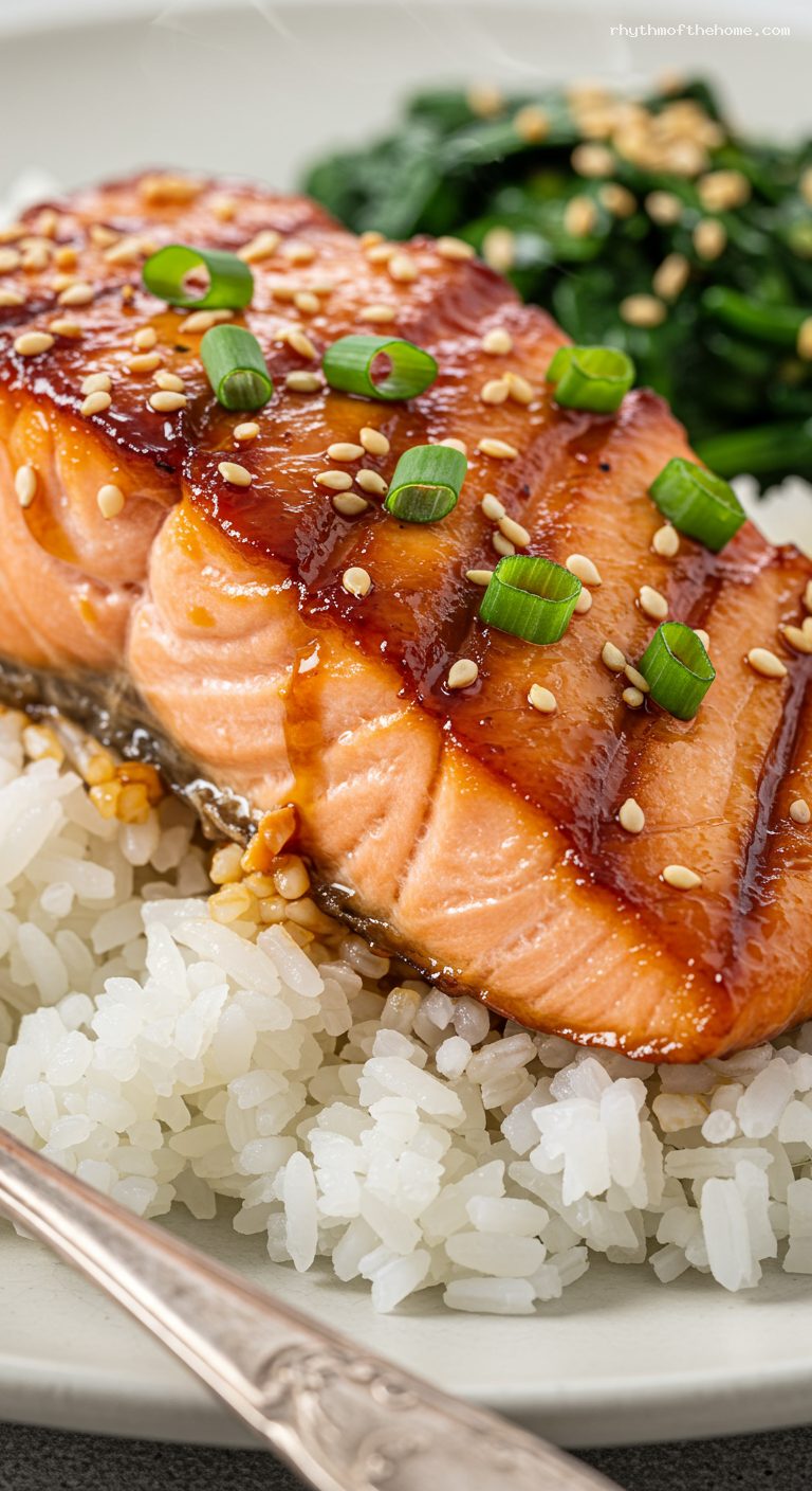 Teriyaki Salmon Set with Rice and Greens – Closeup