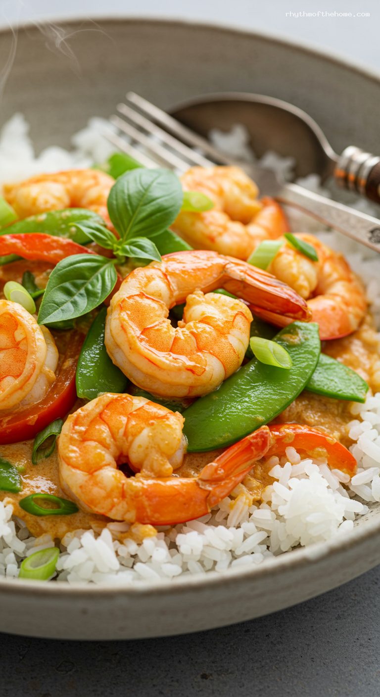 Thai Coconut Shrimp Curry with Jasmine Rice – Closeup