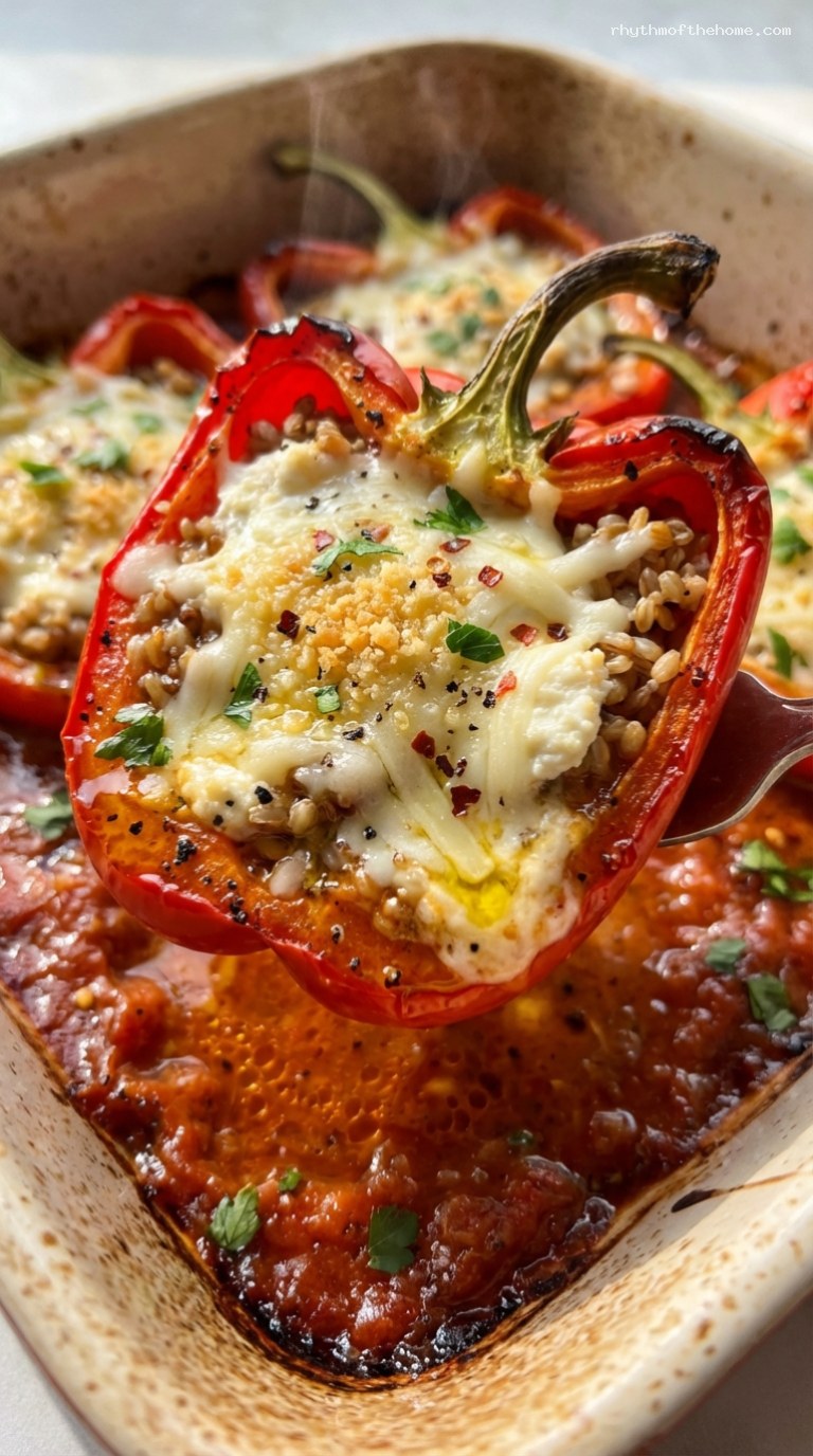 Three-Cheese Stuffed Pepper Bake with Grains and Herbs – Closeup