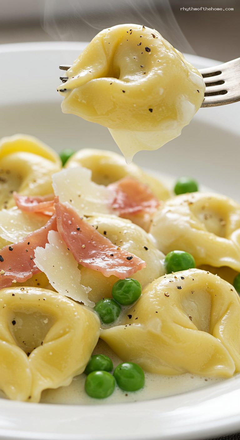Tortellini alla Panna with Prosciutto and Peas – Closeup