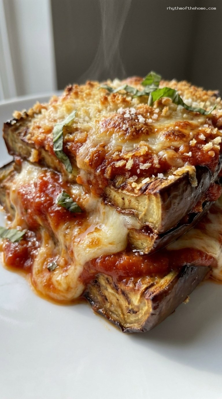 Towering Baked Eggplant Parmesan Stacks – Closeup
