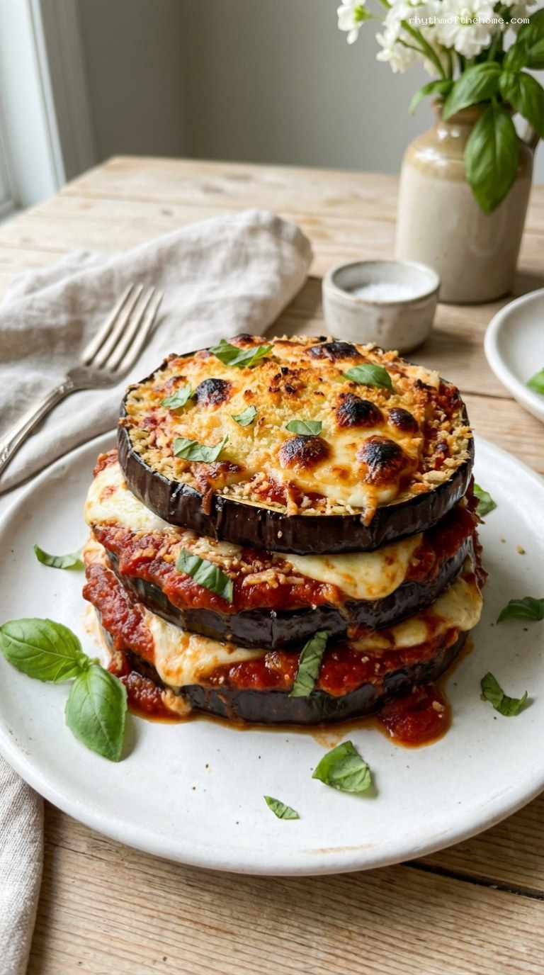 Towering Baked Eggplant Parmesan Stacks