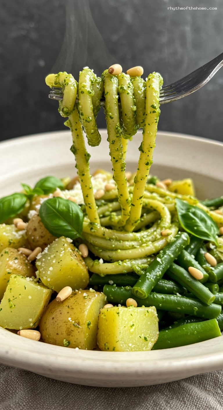 Trofie al Pesto Genovese with Potatoes and Green Beans – Closeup
