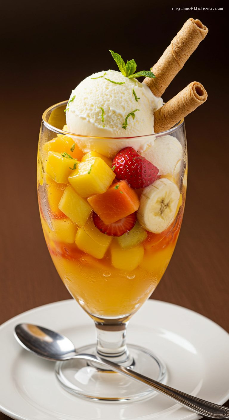 Tropical Fruit Salpicón with Orange Juice and Ice Cream – Closeup