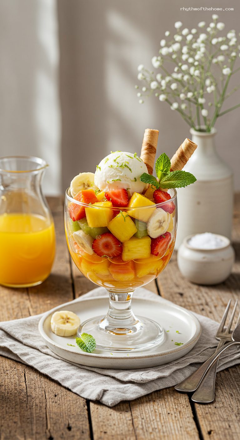 Tropical Fruit Salpicón with Orange Juice and Ice Cream