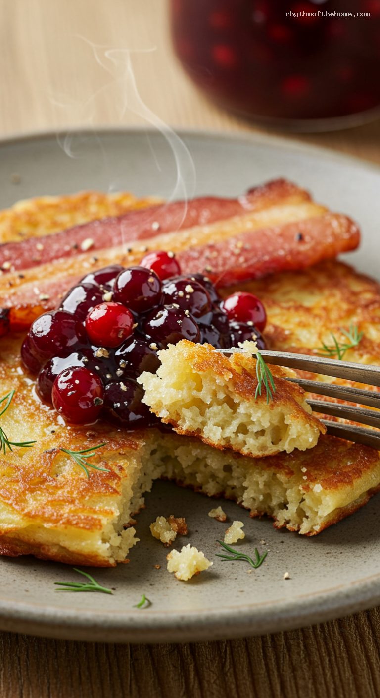 Ultra-Crispy Raggmunk with Bacon and Lingonberries – Closeup