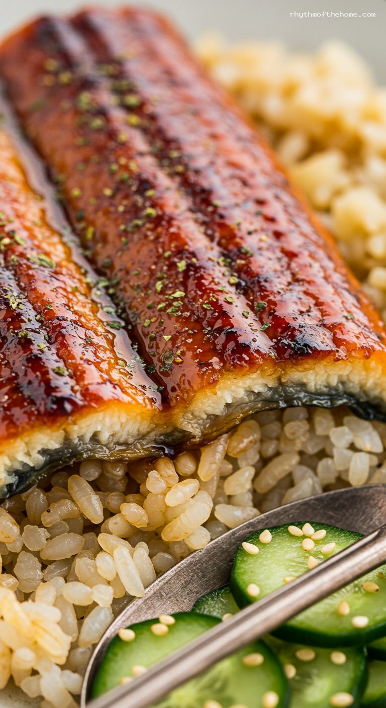 Unadon With Tare-Glazed Eel and Sanshō Over Rice – Closeup