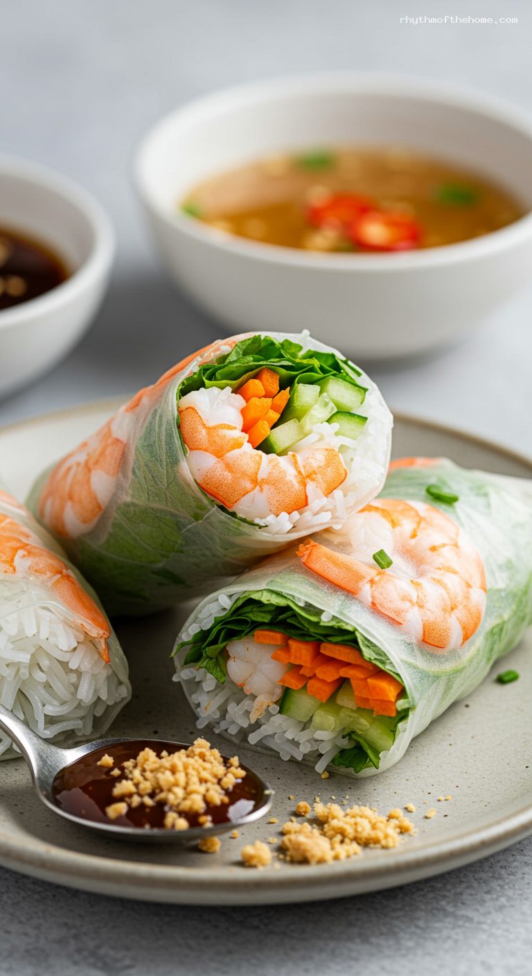 Vietnamese Shrimp Spring Rolls with Dipping Sauces – Closeup