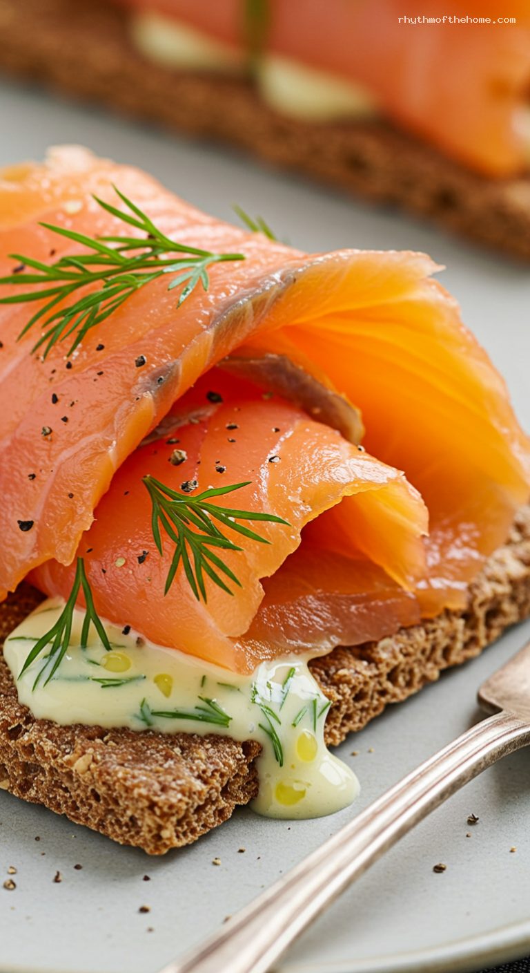 Weeknight Gravlax on Crispbread with Mustard-Dill Sauce – Closeup