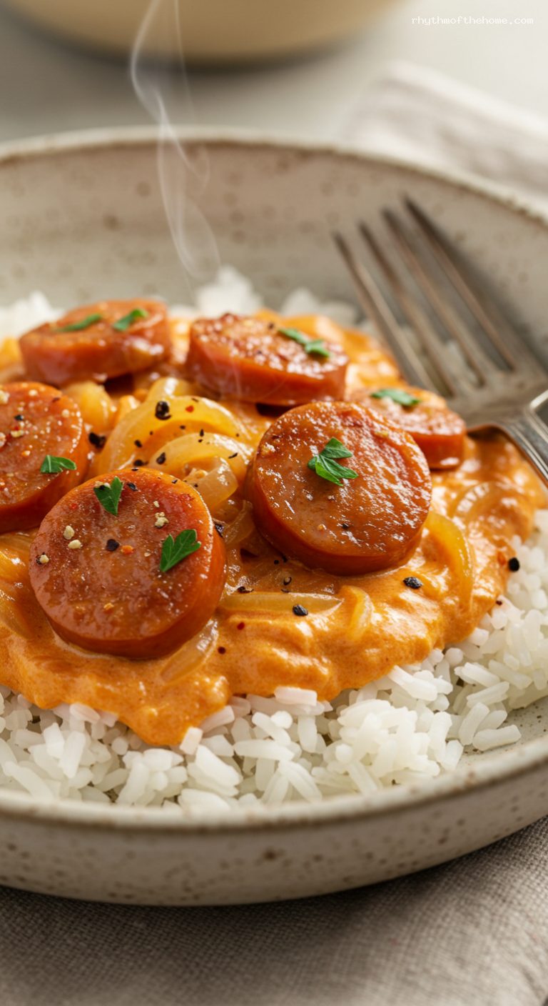 Weeknight Korv Stroganoff with Creamy Tomato-Paprika Sauce – Closeup