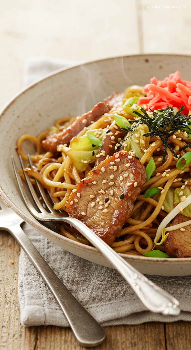 Weeknight Yakisoba with Pork and Cabbage – Closeup