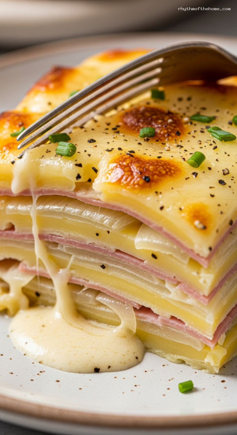 White Cheddar Scalloped Ham and Potato Bake – Closeup