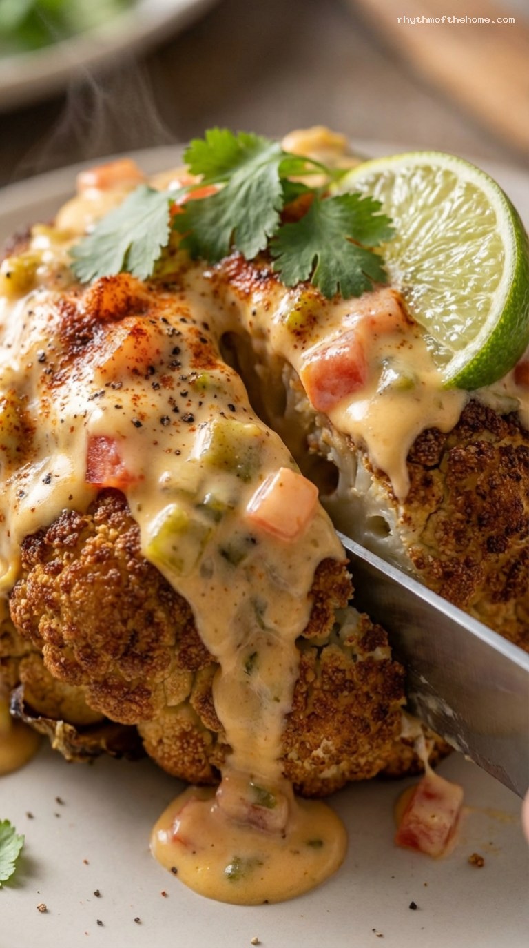 Whole Roasted Cauliflower with Spicy Queso and Lime – Closeup