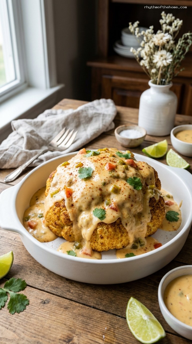 Whole Roasted Cauliflower with Spicy Queso and Lime