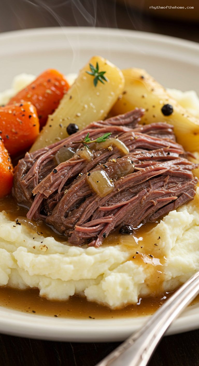 Yankee Pot Roast with Root Vegetables and Gravy – Closeup