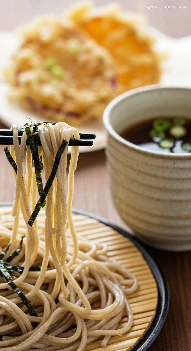 Zaru Soba with Tsuyu, Wasabi, and Tempura – Closeup