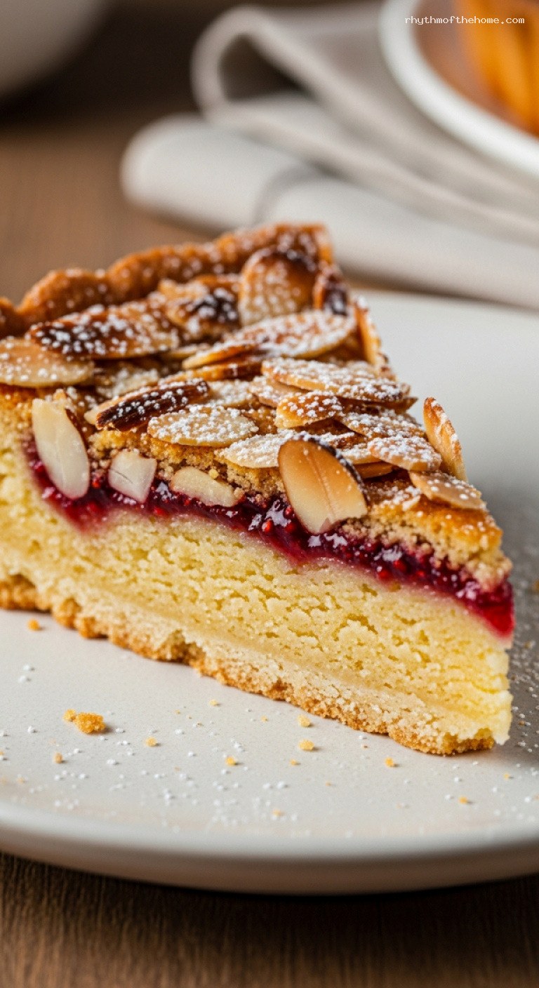 Almond Frangipane Tart with Jam and Toasted Almonds – Closeup