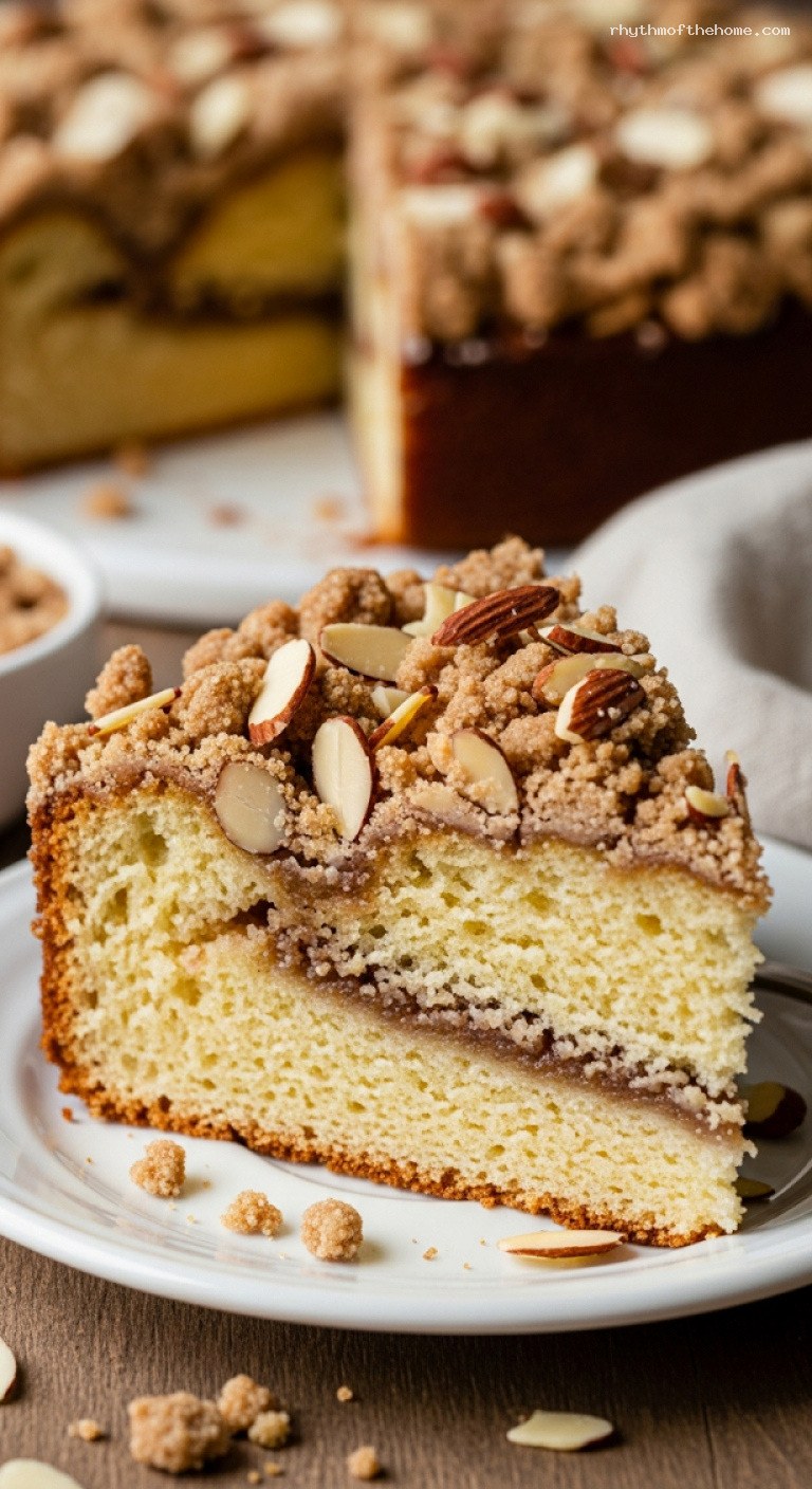 Almond Streusel Coffee Cake with Buttery Crumble Topping – Closeup