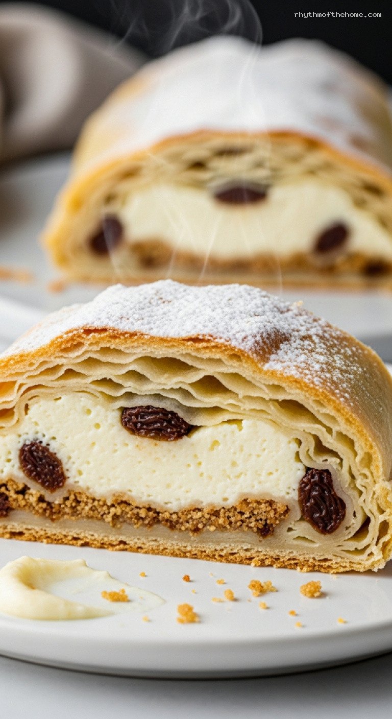 Austrian Topfenstrudel With Light and Creamy Quark Filling – Closeup