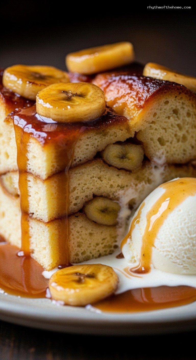 Baked Bananas Foster Bread Pudding with Rum Caramel – Closeup
