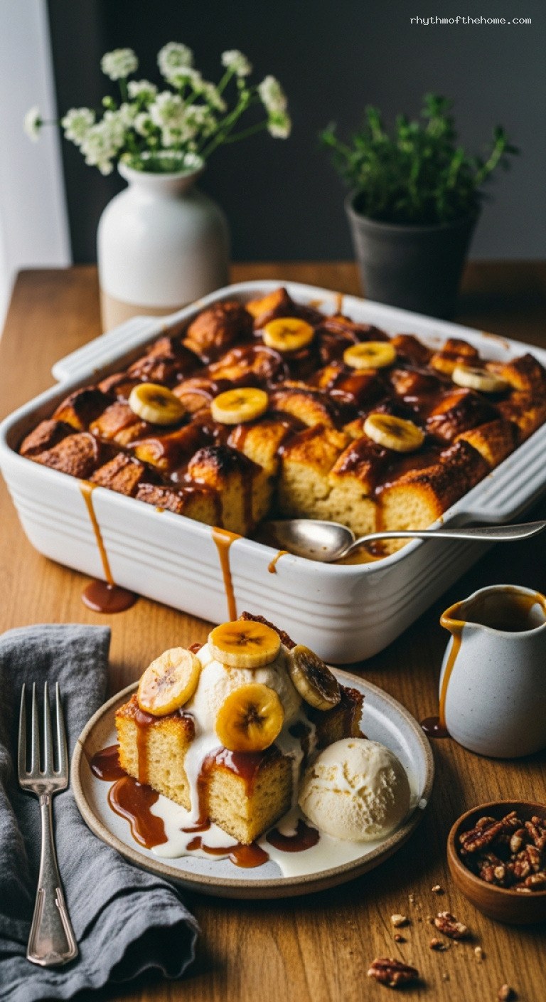Baked Bananas Foster Bread Pudding with Rum Caramel