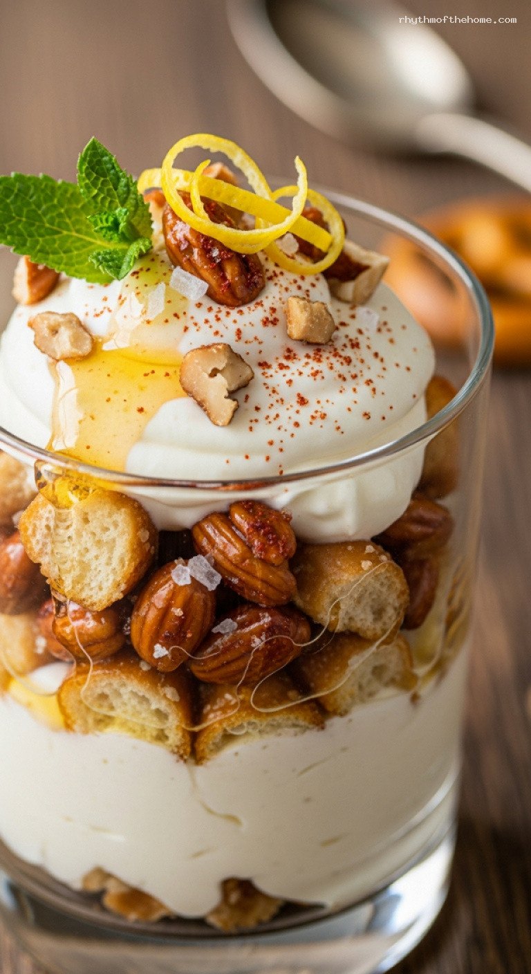 Bavarian Vanilla Parfait with Caramelized Nuts and Honeyed Crumbs – Closeup