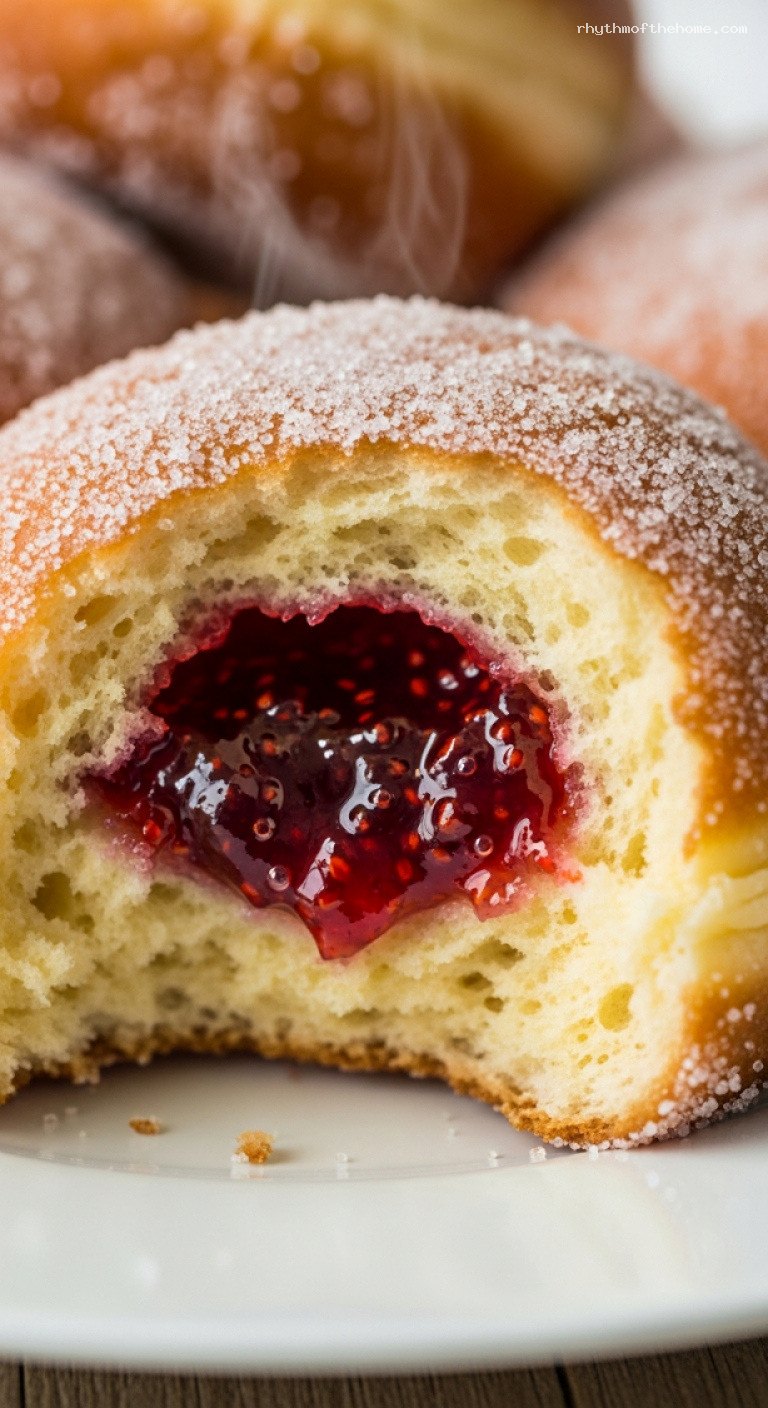 Berliner (Krapfen) – Pillowy Jam-Filled German Doughnuts – Closeup