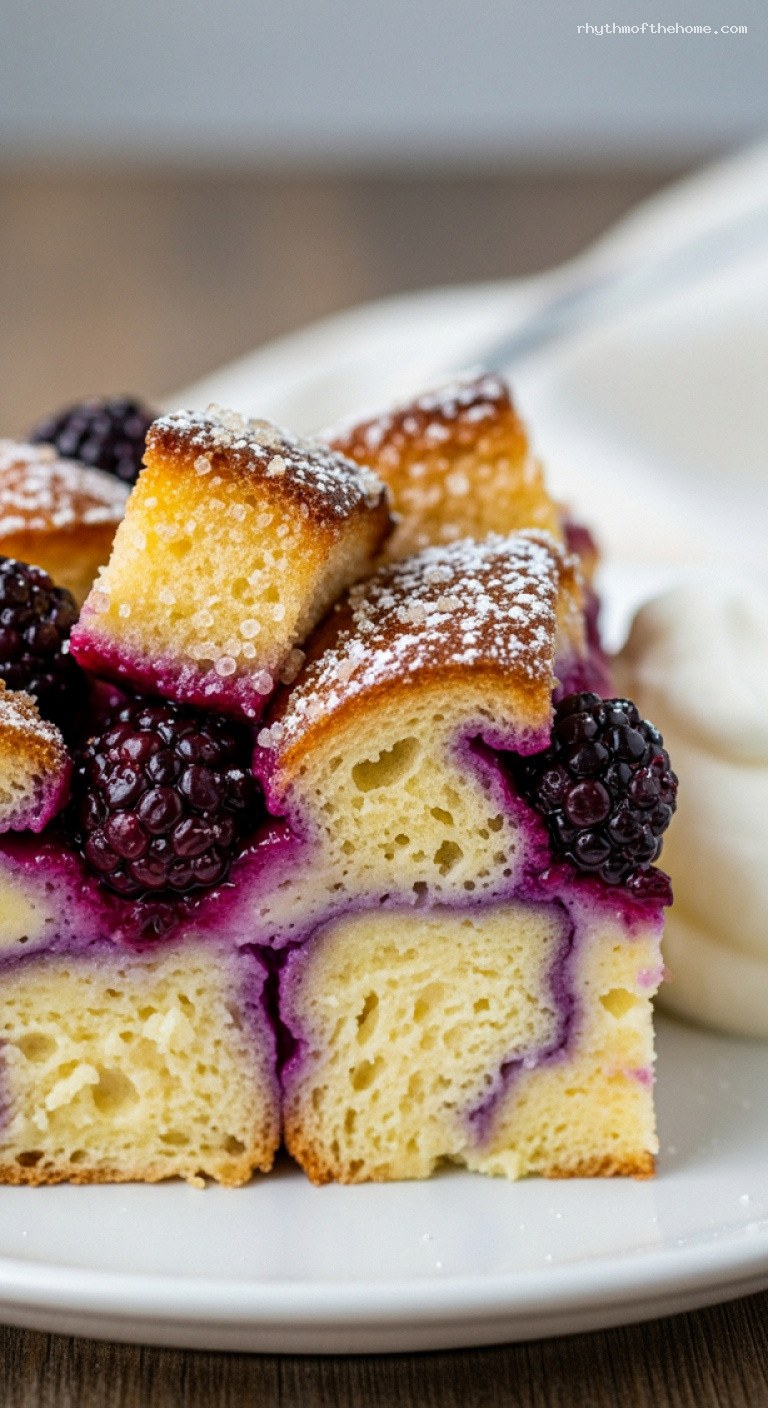 Blackberry Brioche Bread Pudding With Vanilla Custard – Closeup