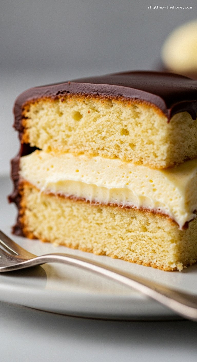 Boston Cream Pie with Pastry Cream and Ganache – Closeup