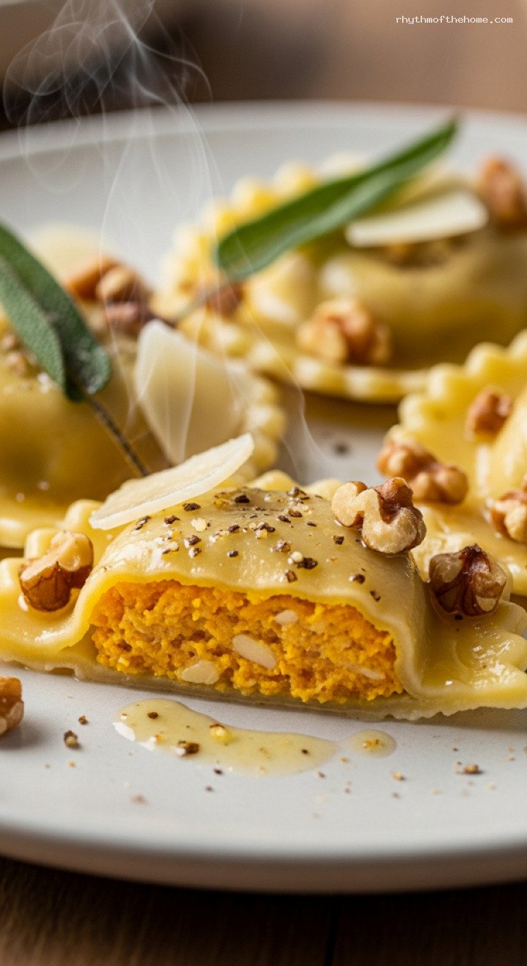 Butternut Squash Ravioli with Brown Butter and Sage – Closeup