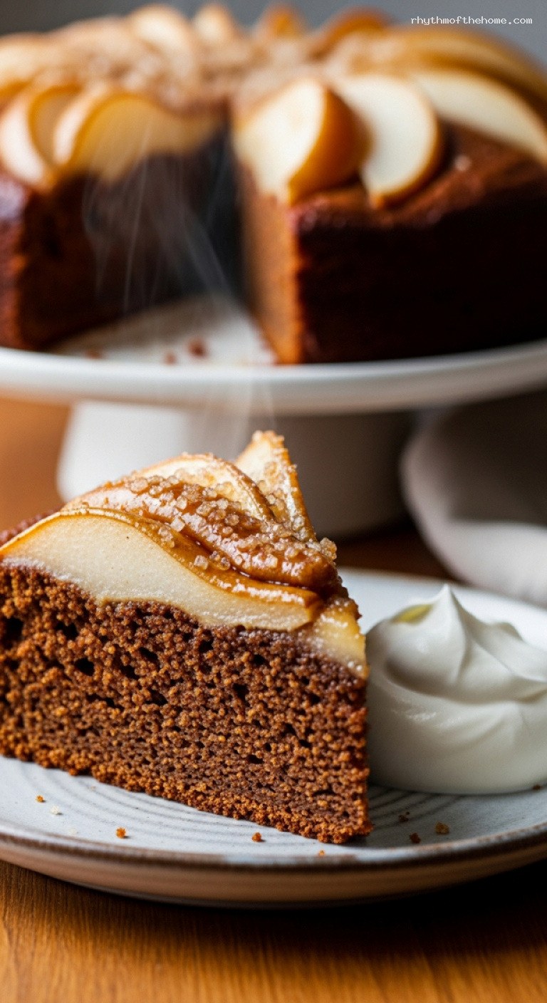 Caramelized Pear Gingerbread Cake with Molasses and Warm Spices – Closeup