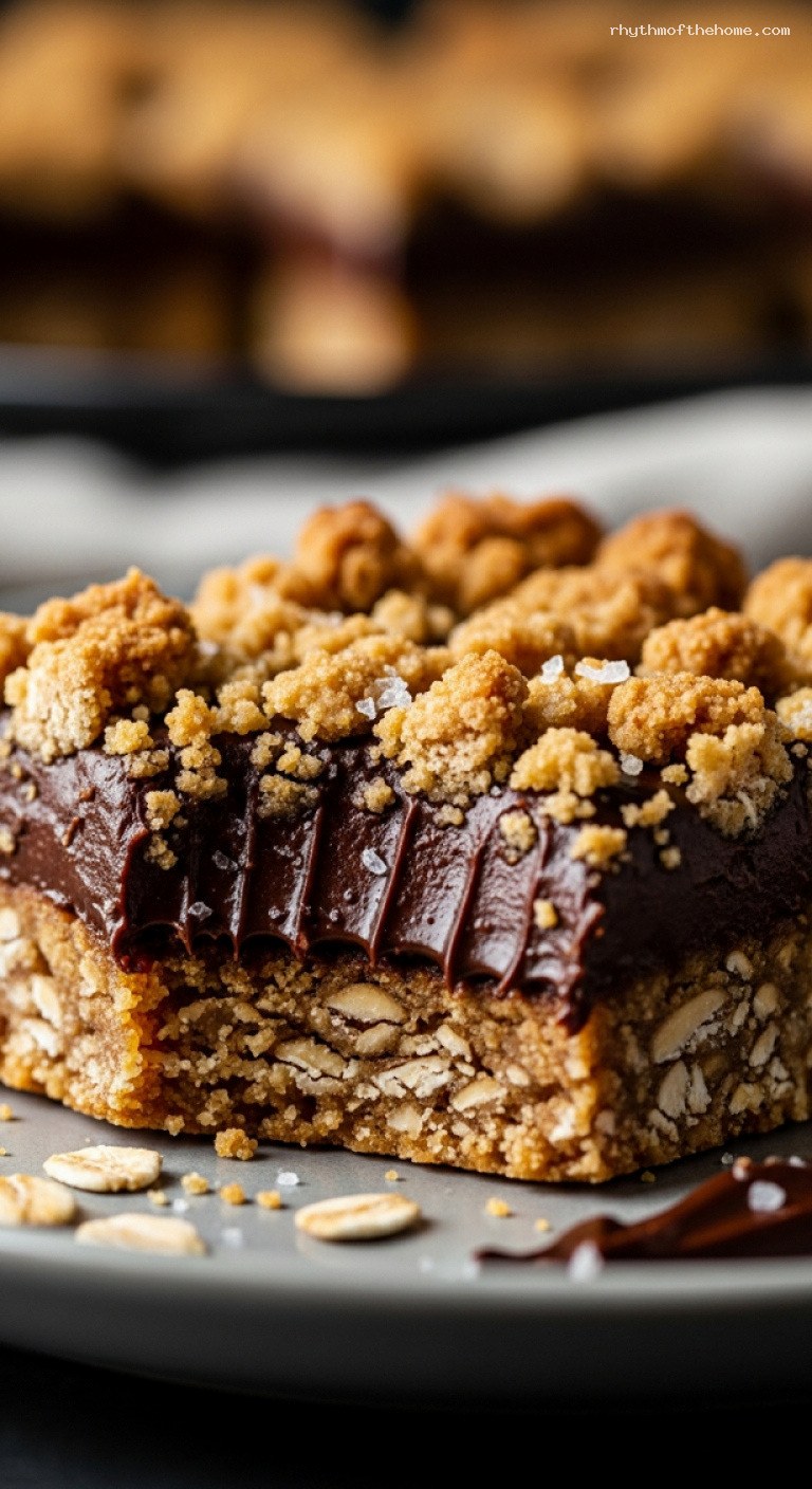 Chewy Chocolate Oatmeal Fudge Bars – Closeup