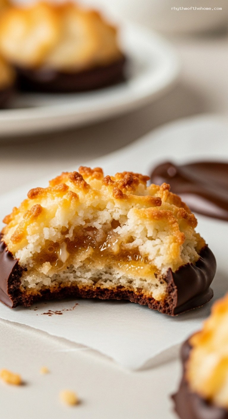 Chewy Coconut Macaroons With Dark Chocolate Dip – Closeup