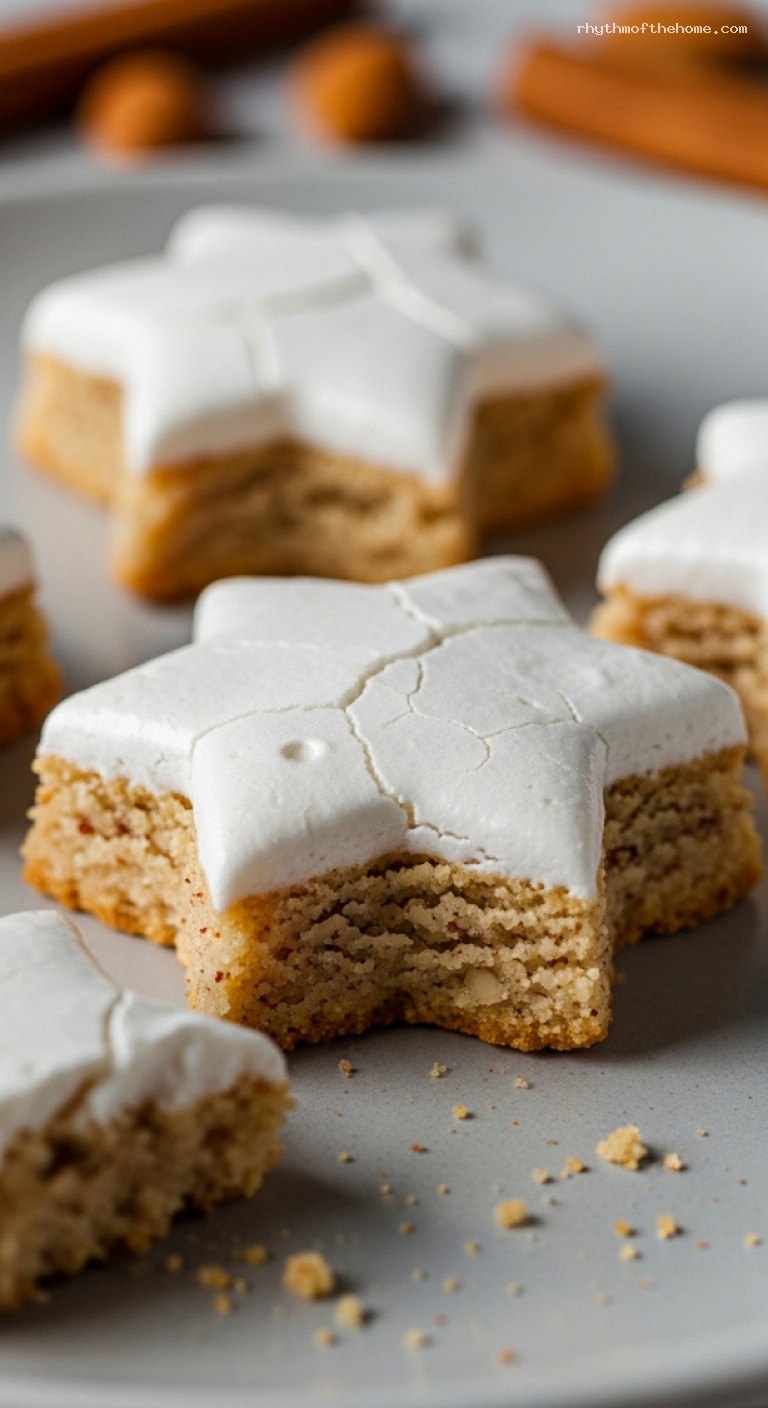 Chewy Zimtsterne Cinnamon Star Cookies with Meringue Glaze – Closeup