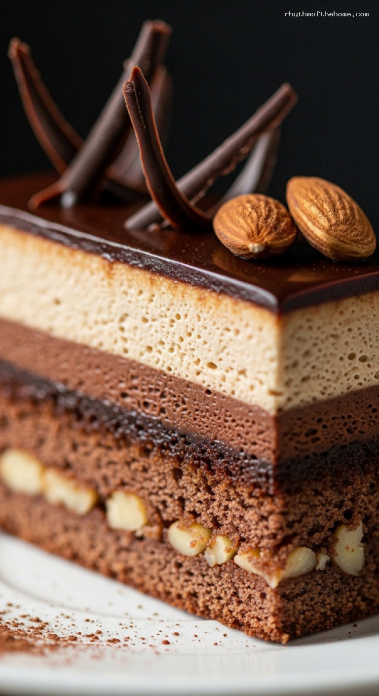 Chocolate Almond Opera Cake with Coffee Buttercream – Closeup