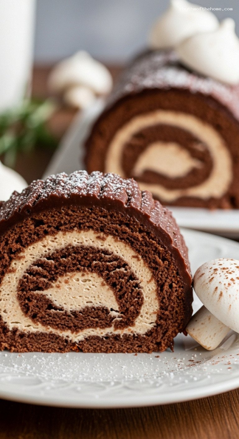 Chocolate Espresso Yule Log with Meringue Mushrooms – Closeup