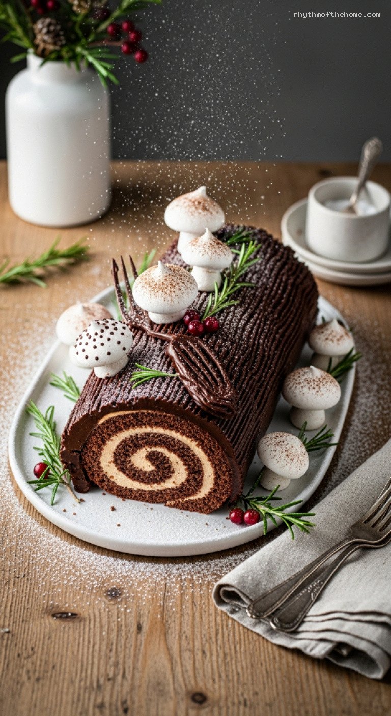 Chocolate Espresso Yule Log with Meringue Mushrooms