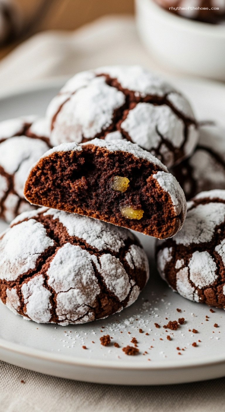 Chocolate Ginger Crinkle Cookies with Snowy Sugar Tops – Closeup