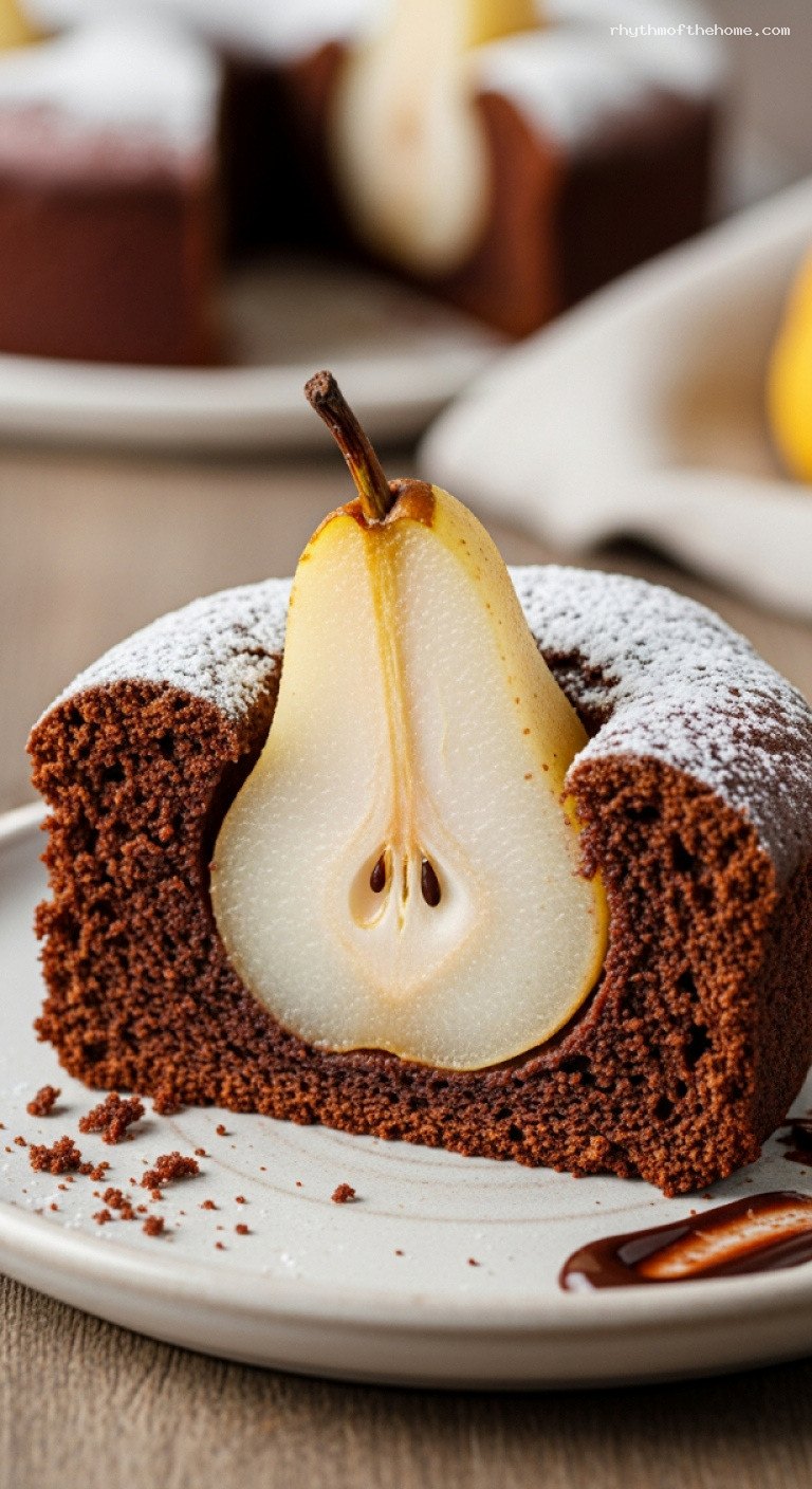 Chocolate Pear Cake with Whole Baked Pears – Closeup